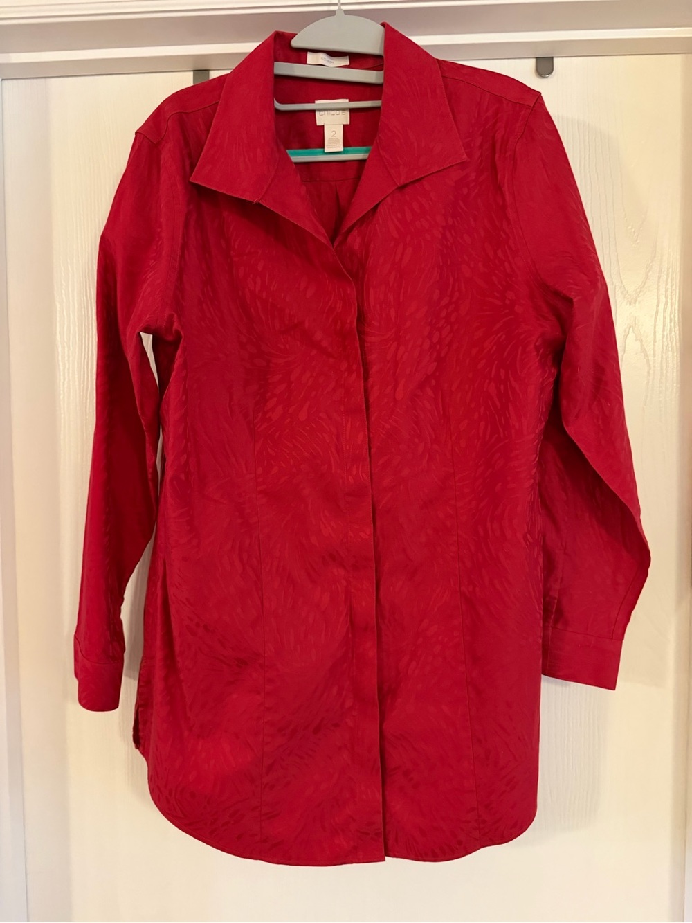 Chico's Red Long-Sleeve Button-Front Shirt Blouse great over leggings Size 2